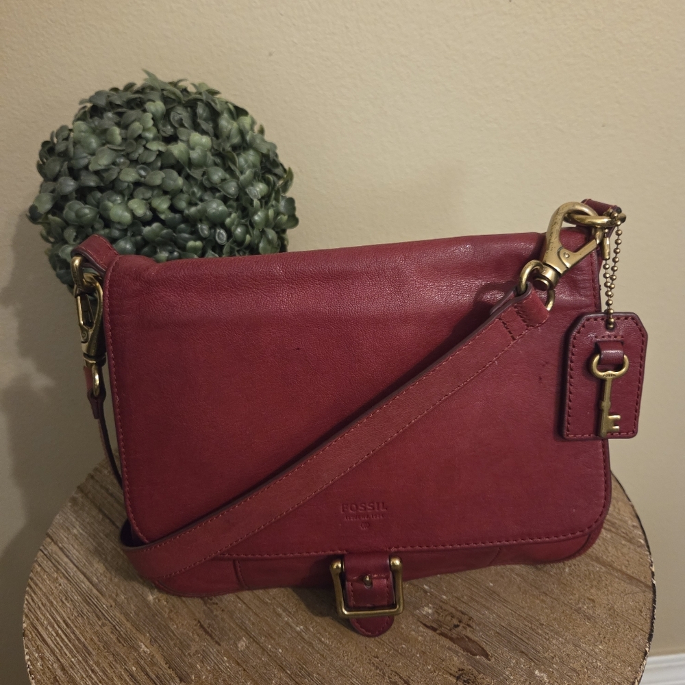 Fossil Red Leather Crossbody Bag with Brass Hardware